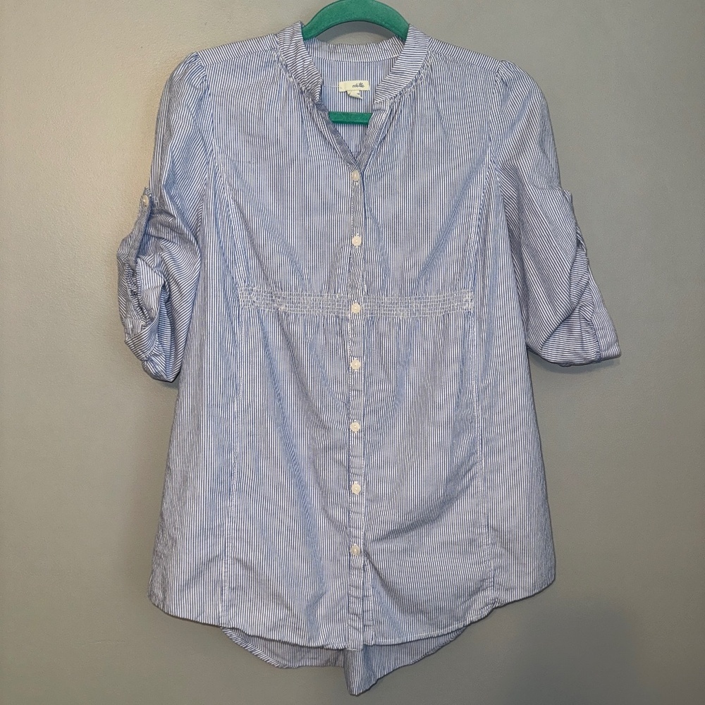 EUC Anthropologie Odille Seersucker Button Front Adjustable Sleeve Top Size 2